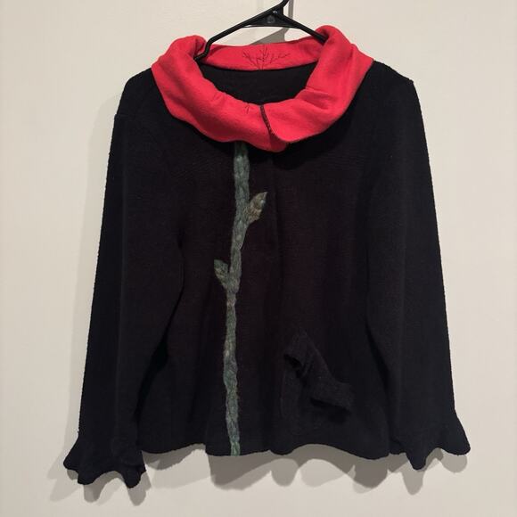 Wearable Art Cardigan Zip Wool Sweater Flower Poppy High Collar Art To Wear Red - Picture 1 of 8